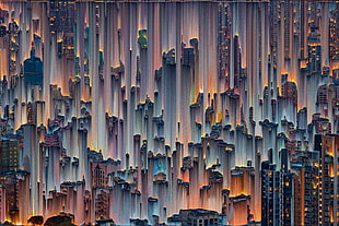 painting of city buildings, glitch art, concept art, photo manipulation, city