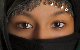 black niqab headdress with sequin, eyes, brown eyes, veils HD wallpaper