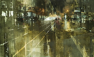multicolored vehicles in between buildings painting, Jeremy Mann, artwork, street, evening