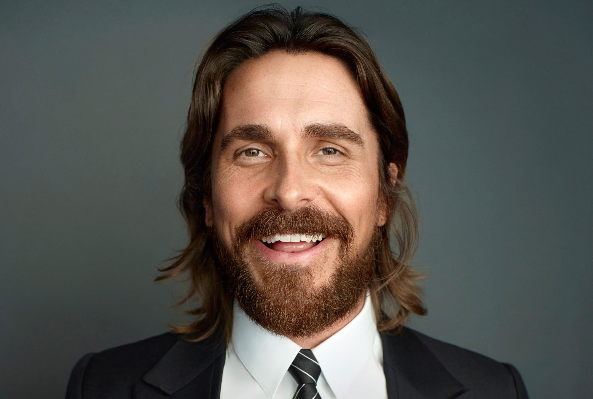 men's black suit jacket and white dress shirt, actor, Christian Bale, beards