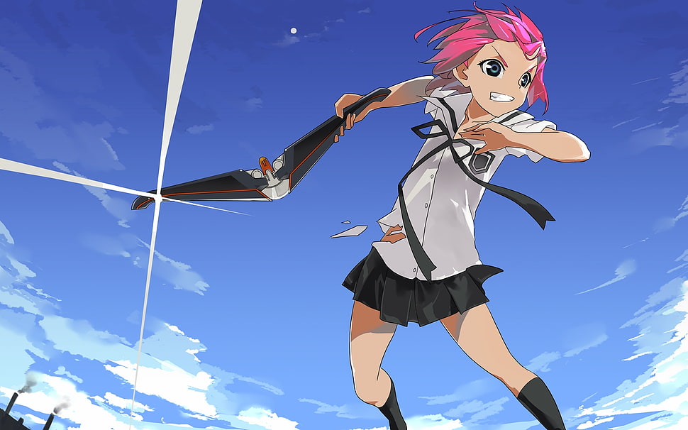 pink-haired girl anime character holding black weapon HD wallpaper