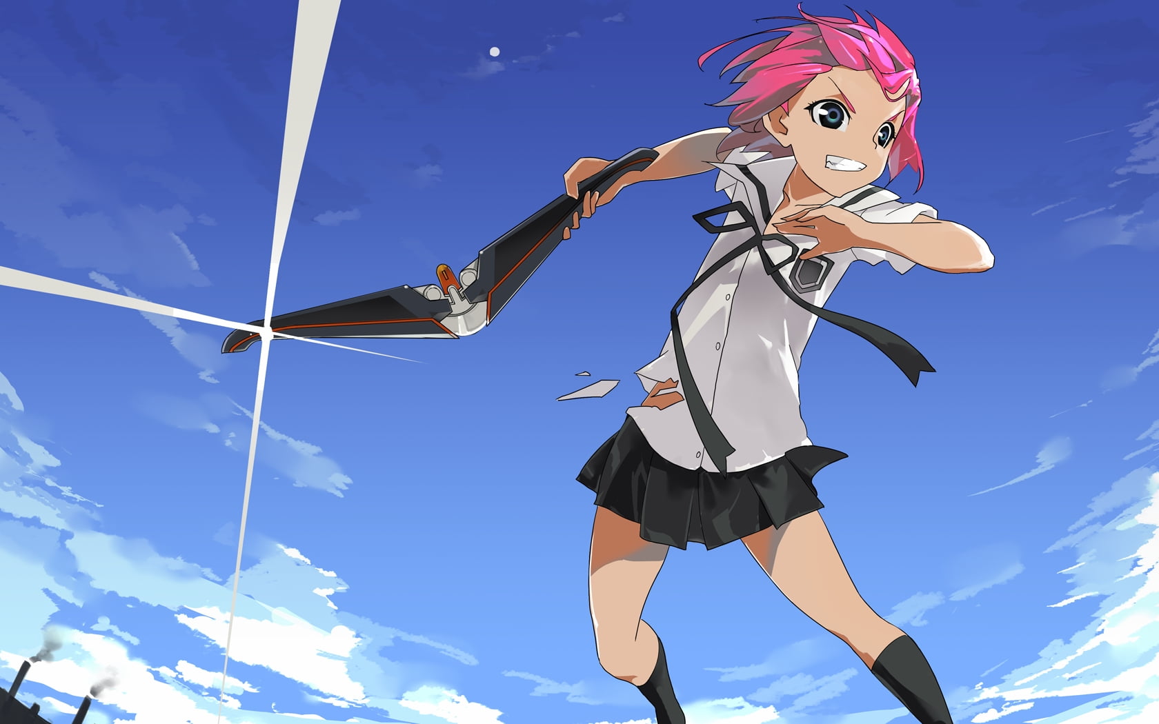 pink-haired girl anime character holding black weapon