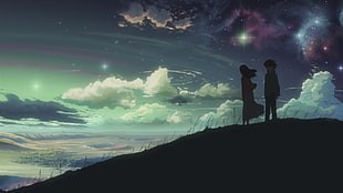 boy and girl on field under green and purple sky anime