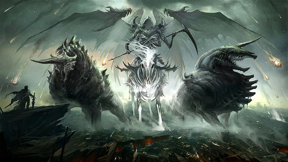 grim reaper and monsters digital wallpaper, fantasy art, creature, angel, wings HD wallpaper