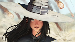 woman wearing white hat illustration, black hair, white clothing, hat, artwork