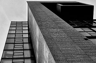grayscaled photo of worm eye view of building