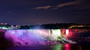 waterfalls, waterfall, lights, lake, river HD wallpaper