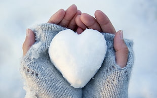 white heart-shaped snow, snow, heart HD wallpaper
