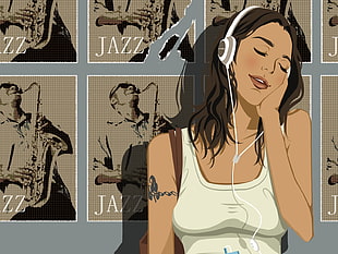 illustration of woman wearing white headphones HD wallpaper