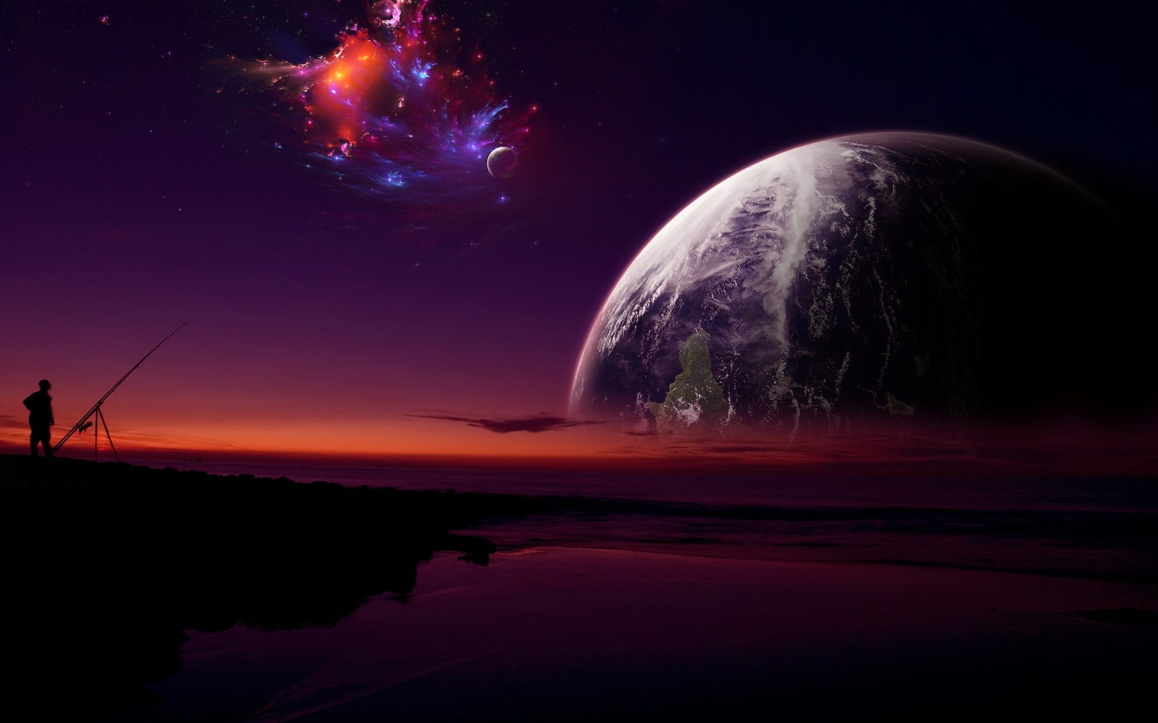 silhouette of person and planet, fantasy art, planet, space art, digital art