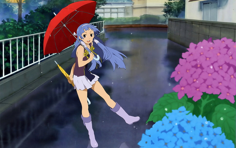 blue haired girl anime holding umbrella near flowers illustration HD wallpaper
