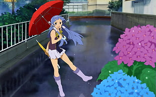 blue haired girl anime holding umbrella near flowers illustration