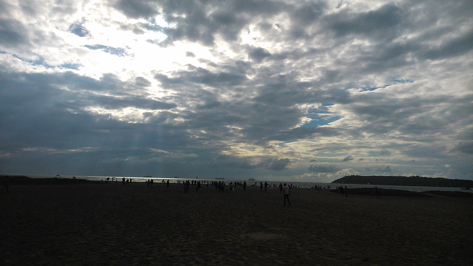 white clouds, clouds, people, sunlight, beach HD wallpaper