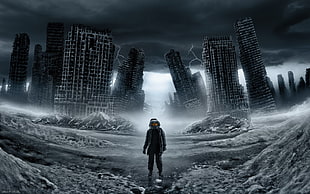 man wearing suit wallpaper, science fiction, Vitaly S Alexius, Romantically Apocalyptic , lightning HD wallpaper