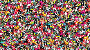 pink and multicolored abstract wallpaper, Sticker Bomb, sticks, bombs