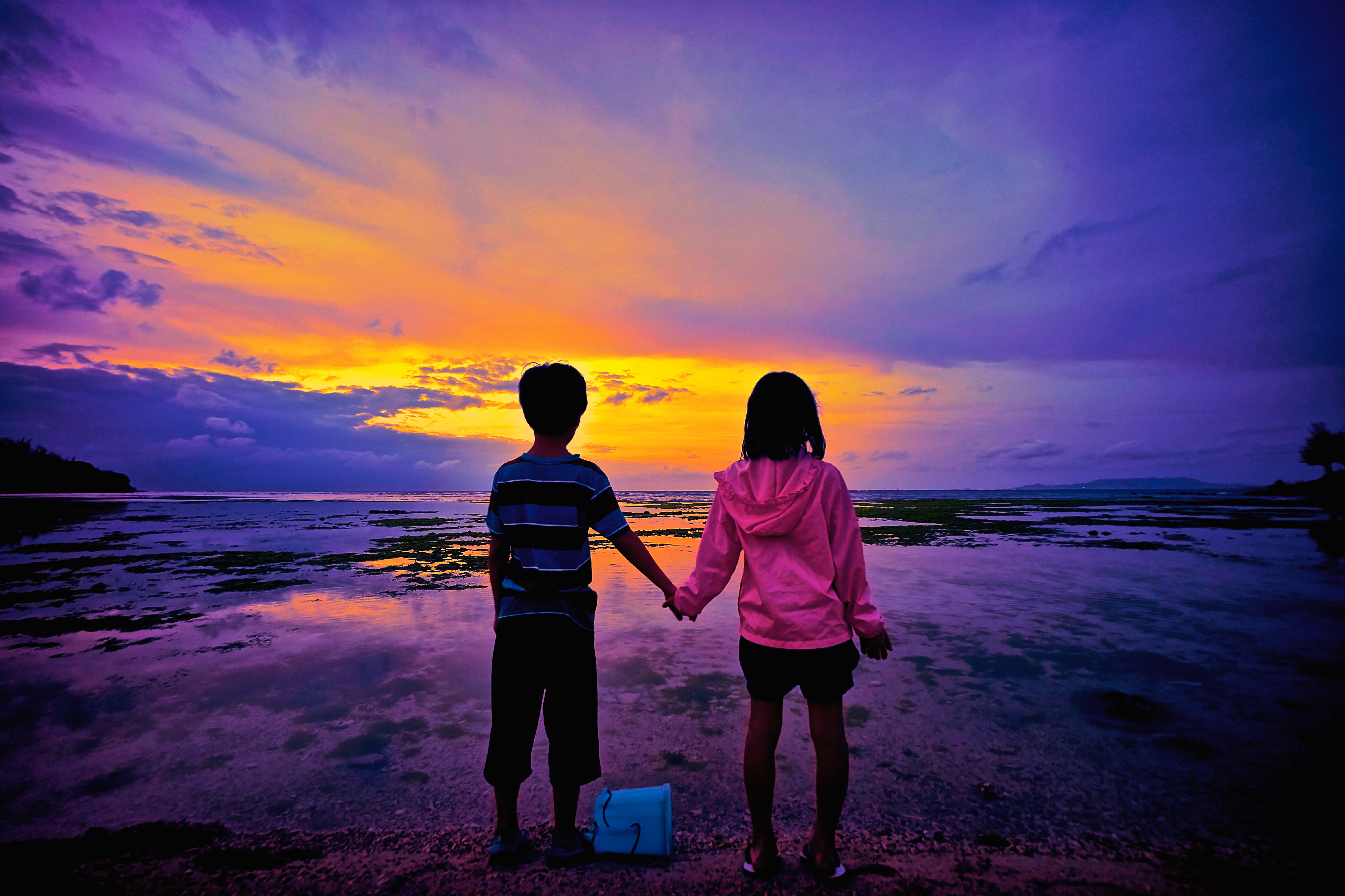 boy and girl holding each others hand while standing during sunset