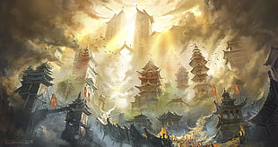 pagodas illustration, sun rays, Asian architecture