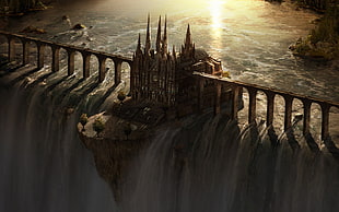 castle and water falls, fantasy art, cathedral, waterfall
