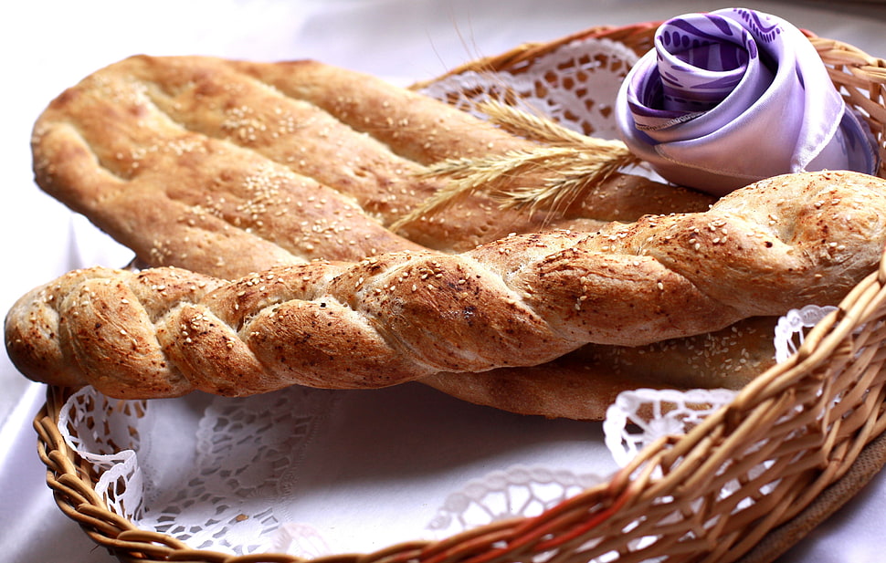 baked bread on round wicker basket HD wallpaper