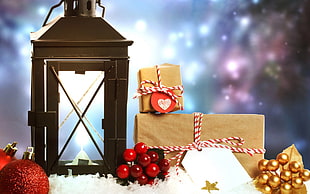 black lantern and gifts, Christmas, lantern, presents, depth of field
