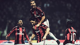 men's red and black striped shirt, soccer, AC Milan, men HD wallpaper