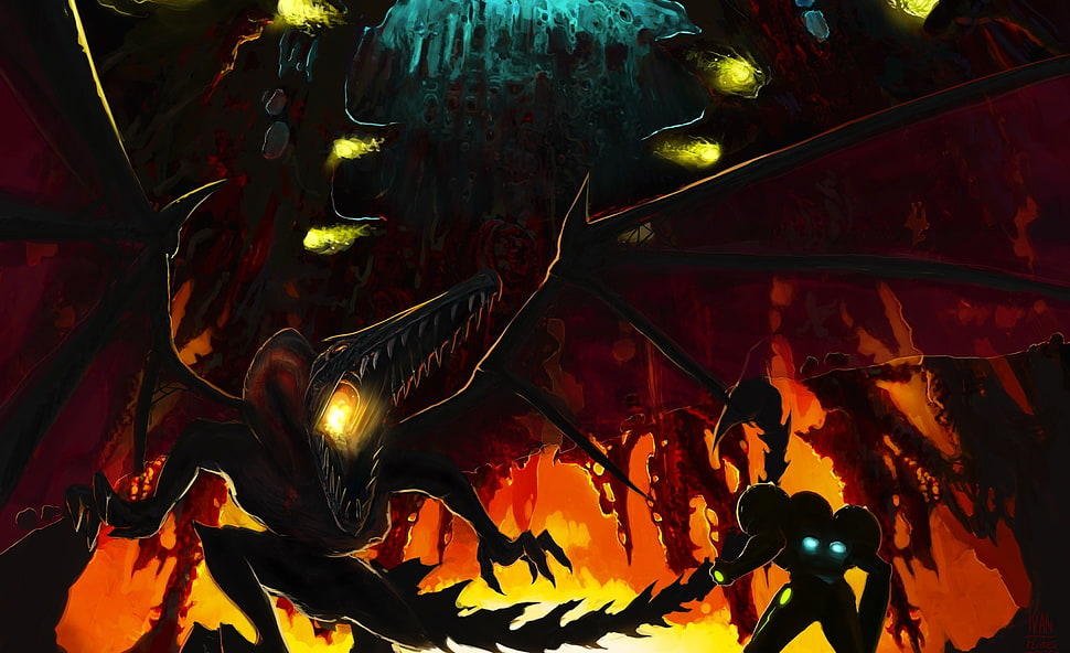 dragon illustration, Metroid, Samus Aran, Ridley HD wallpaper