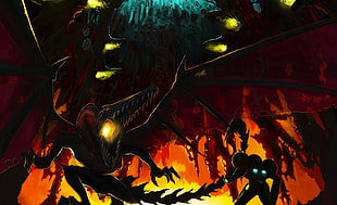 dragon illustration, Metroid, Samus Aran, Ridley