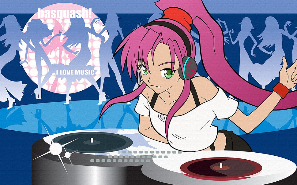 pink haired female anime wearing headphones illustration HD wallpaper