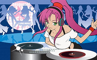 pink haired female anime wearing headphones illustration