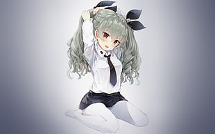 gray-haired female anime character illustration, ribbon, tie, skirt