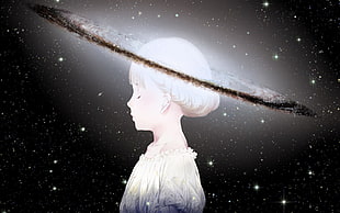 child illustration, universe, space, stars, white hair