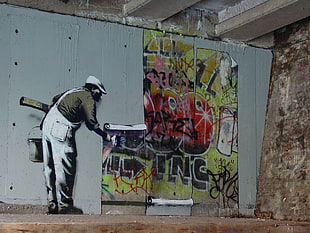 man painting wal, artwork, men, Banksy, graffiti