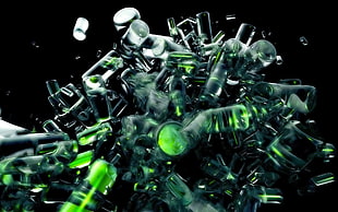 green glass bottles abstract wallpaper, digital art, black background, glass, bottles