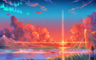 orange sunset illustration, fantasy art, sky, anime, clouds