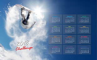 2018 Challenge calendar, calendar, 2018 (Year), snowboarding, Sun HD wallpaper