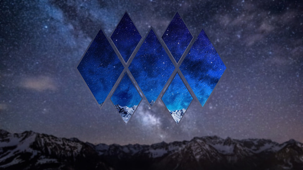 blue and gray diamond logo, stars, space, mountains, landscape HD wallpaper