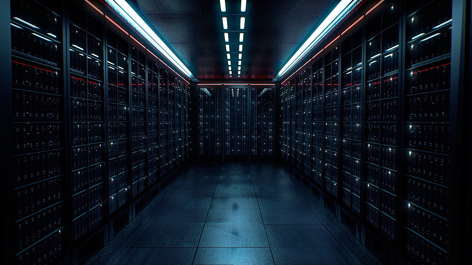warehouse room, server, room, lights, dark HD wallpaper