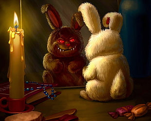 killer rabbit facing on mirror beside lighted candle illustration, creepy, evil, skeleton, reaper