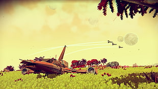 airplane painting, No Man's Sky, video games, spaceship, planet
