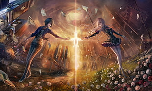 boy and girl anime character digital wallpaper