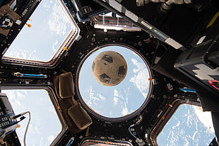 white and black soccerball, challenger, space, soccer ball, Earth HD wallpaper