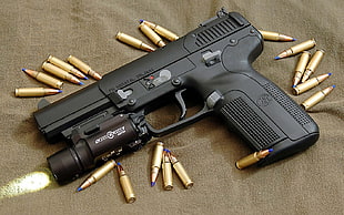 black semi-automatic pistol with bullets, gun, pistol, FN Five-Seven