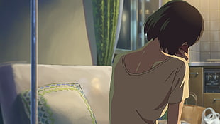 female character sitting on chair, anime, The Garden of Words, Makoto Shinkai 