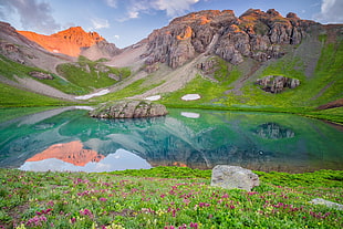 brown rock mountain, reflection, mountains, lake, nature