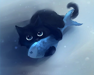 black cat catching gray fish painting, cat, fish, cartoon, Apofiss