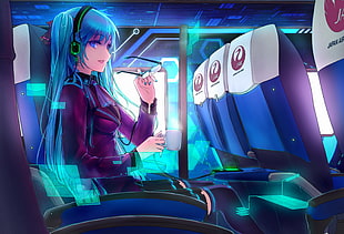 female drinking coffee animated character, Hatsune Miku, headphones, blue hair, twintails HD wallpaper