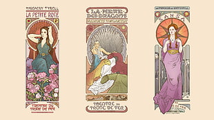 three assorted-color artworks, Game of Thrones, Art Nouveau, Sansa Stark, Margaery Tyrell