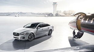 white Jaguar XF sedan, Jaguar XJ, aircraft, car, vehicle HD wallpaper