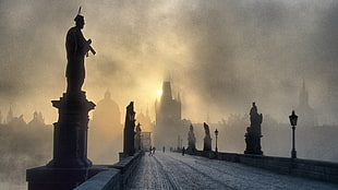 gray concrete bridge, mist, Prague, Czech Republic, Charles Bridge HD wallpaper
