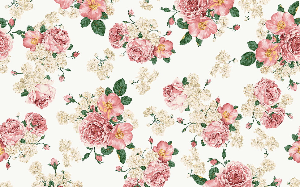 white, pink, and green floral textile, pattern, pink flowers HD wallpaper